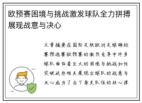 欧预赛困境与挑战激发球队全力拼搏展现战意与决心