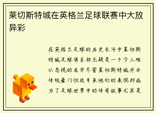 莱切斯特城在英格兰足球联赛中大放异彩