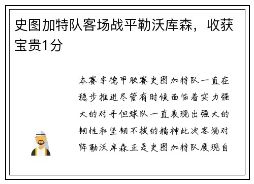 史图加特队客场战平勒沃库森，收获宝贵1分