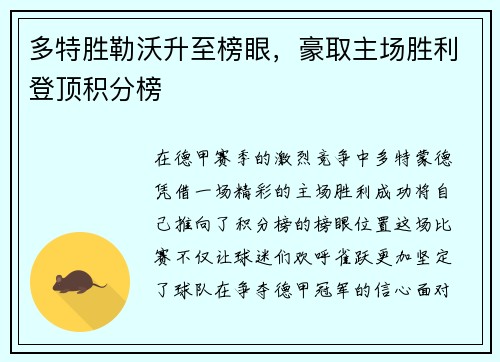 多特胜勒沃升至榜眼，豪取主场胜利登顶积分榜