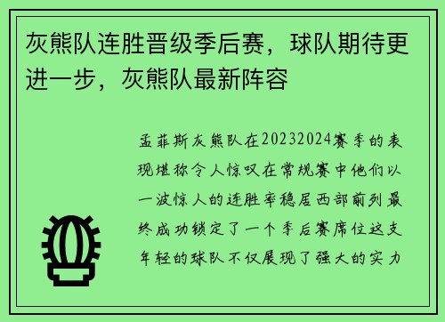 灰熊队连胜晋级季后赛，球队期待更进一步，灰熊队最新阵容