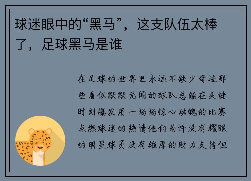球迷眼中的“黑马”，这支队伍太棒了，足球黑马是谁