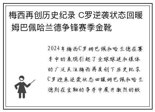 梅西再创历史纪录 C罗逆袭状态回暖 姆巴佩哈兰德争锋赛季金靴