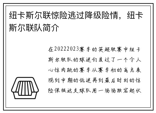 纽卡斯尔联惊险逃过降级险情，纽卡斯尔联队简介