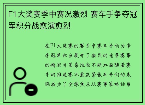 F1大奖赛季中赛况激烈 赛车手争夺冠军积分战愈演愈烈