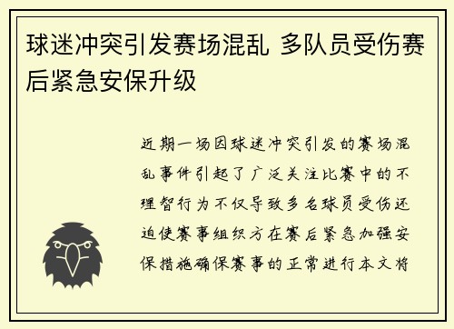 球迷冲突引发赛场混乱 多队员受伤赛后紧急安保升级