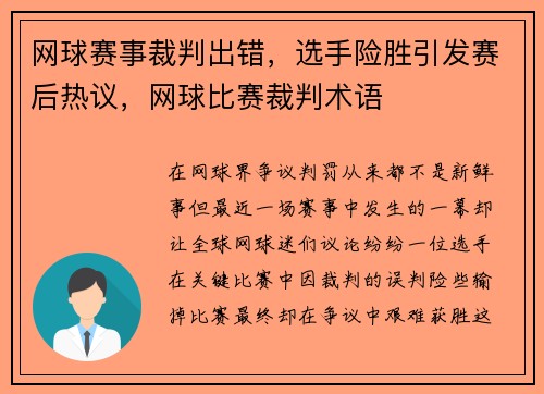 网球赛事裁判出错，选手险胜引发赛后热议，网球比赛裁判术语